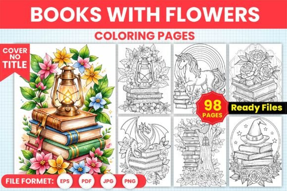 Books with Flowers Coloring Book Pages
